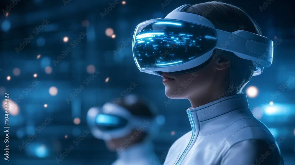 Futuristic individuals immersed in virtual reality experience Futuristic individuals immersed in virtual reality experience