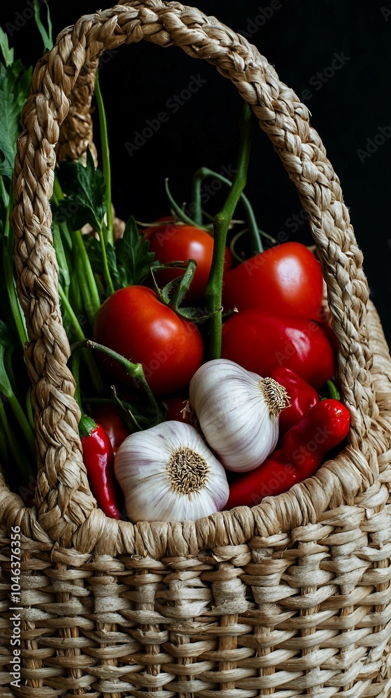 Fresh Vegetables and Garlic in a Wicker Basket Fresh Vegetables and Garlic in a Wicker Basket