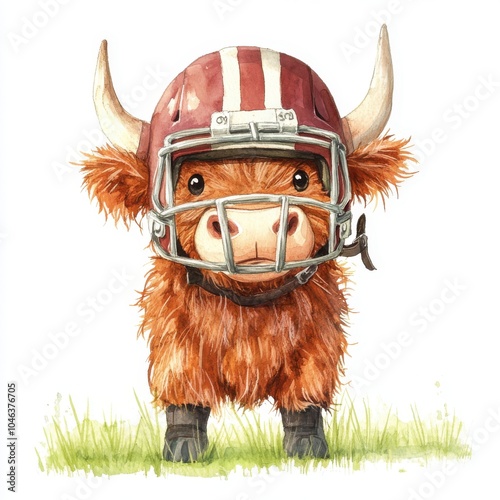 A cute, cartoonish highland cow wearing a football helmet, standing on grass, exuding a playful and whimsical vibe.