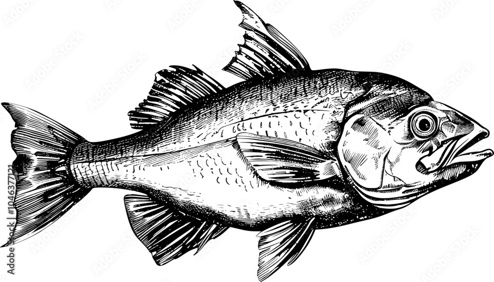 Black and white illustration of a fish with detailed scales, fins, and an open mouth. Black and white illustration of a fish with detailed scales, fins, and an open mouth.