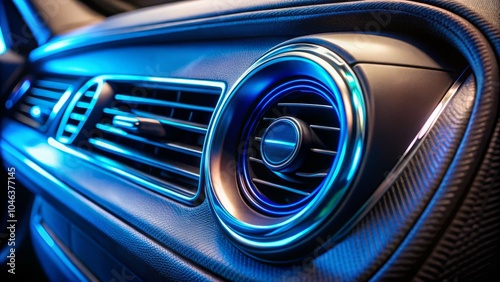 Close-up of a sleek black plastic car air conditioning vent with vibrant blue air streams in a modern illuminated interior, showcasing automotive design and technology details.