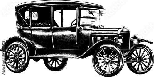 Black and white illustration of a vintage car with spoke wheels.