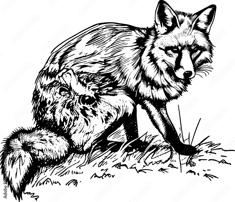 Obraz premium Black and white illustration of a fox sitting in the grass.