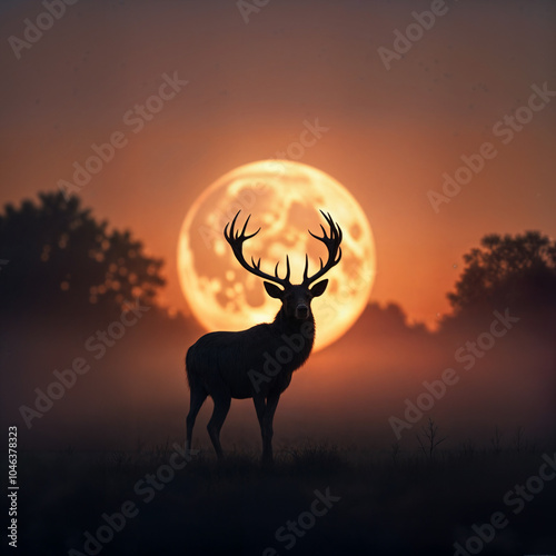 a deer standing in a field at night, silhouetted against a full moon.