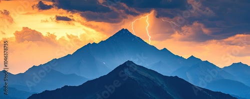 Dramatic mountain landscape under stormy sky with lightning and vibrant sunset colors.