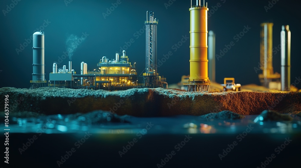 Obraz premium An illuminated offshore drilling rig operates at night, showcasing advanced technology and energy production in a marine environment