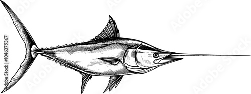 Hand drawn illustration of a marlin, a type of fish known for its long bill.
