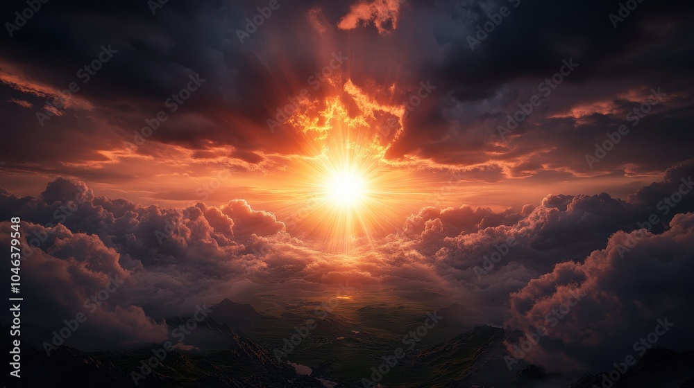 Fototapeta premium Radiant sunlight pierces through dark clouds, casting a warm glow on the landscape below.