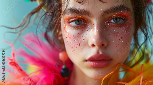 Female model  with colorful make up, avant-garde fashion ensemble, highlighting the creativity and artistry in the design with glitter, studio photo style, Generative AI 