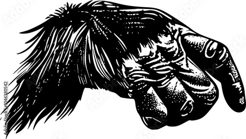 Black and white illustration of a gorilla hand with fur.