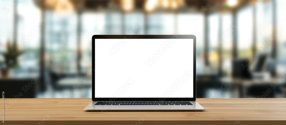 Laptop with a White Screen on a Wooden Table Laptop with a White Screen on a Wooden Table
