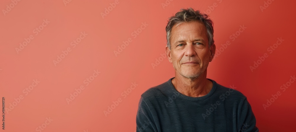 Calm Mature Man in Dark Sweater Against Coral Background for Portrait Use Calm Mature Man in Dark Sweater Against Coral Background for Portrait Use