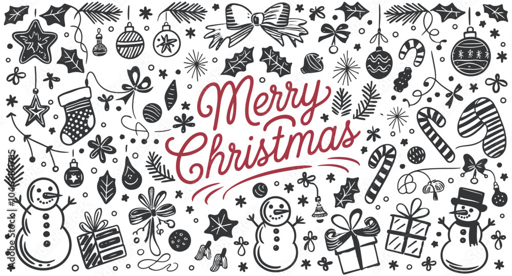 Fototapeta premium Christmas icons pattern with Merry Christmas text