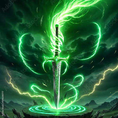 A silver sword with a green gem handle stands on a rocky platform, surrounded by swirling green energy. The blade is glowing brightly, and the energy is radiating outwards. The background is a dark, photo