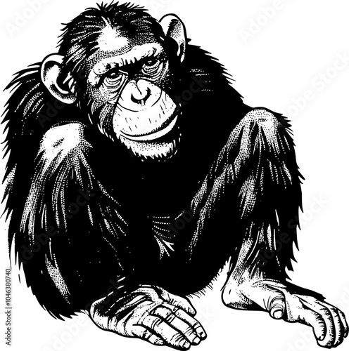Close-up of a chimpanzee's face, in black and white, with a mischievous smile.
