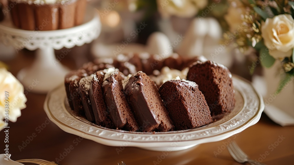 A beautifully arranged dessert platter featuring slices of freshly baked chocolate pound cake, ready to be enjoyed at a gathering. A beautifully arranged dessert platter featuring slices of freshly baked chocolate pound cake, ready to be enjoyed at a gathering.
