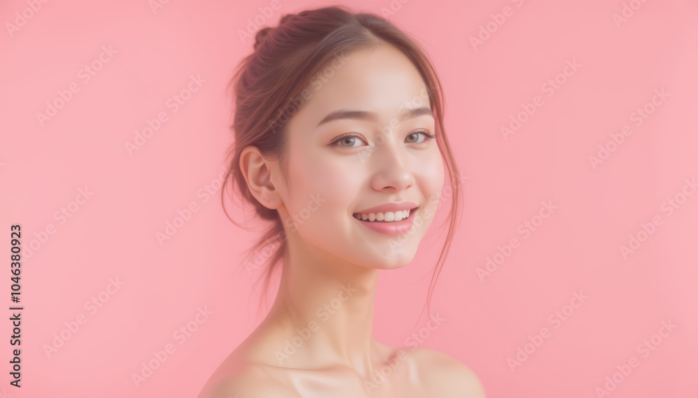 Smiling woman with natural makeup against a soft pink background.