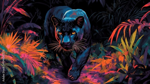 Sleek black panther prowling in a lush jungle, its dark silhouette radiating power amidst colorful animals and foliage. jungle panther, elegance and strength