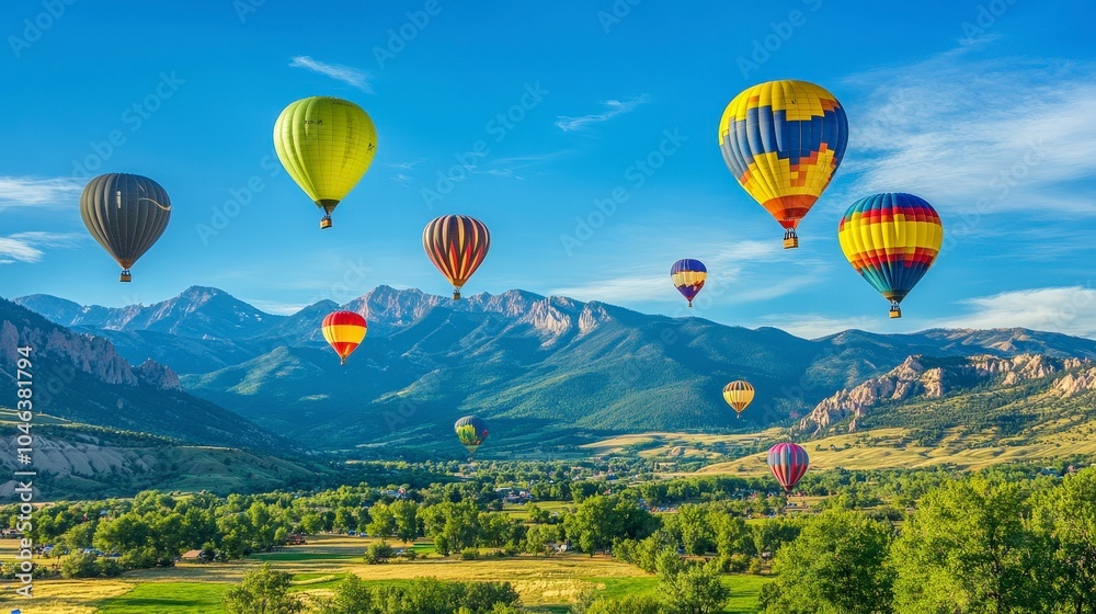 Obraz premium A vibrant scene of hot air balloons soaring over a picturesque mountain landscape.