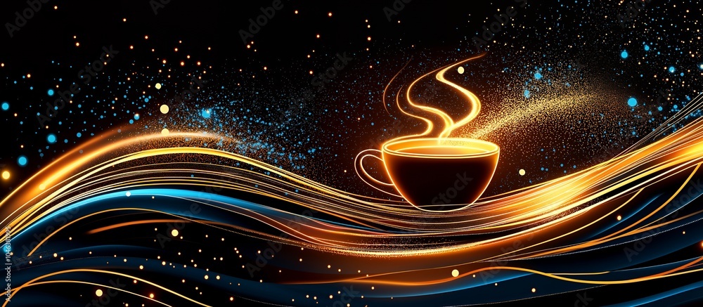 Obraz premium A steaming cup of coffee surrounded by glowing light streaks and a sprinkle of magic.