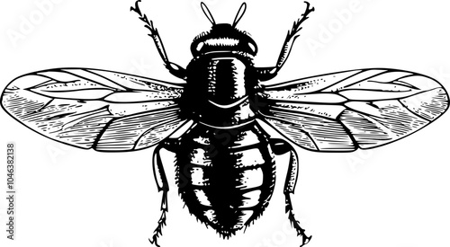 Black and white illustration of a bee with wings spread out.