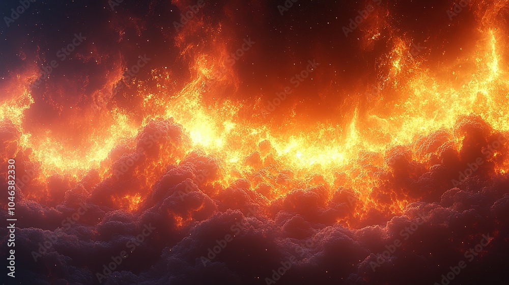 Fiery Clouds and Sparks in a Dark Night Sky