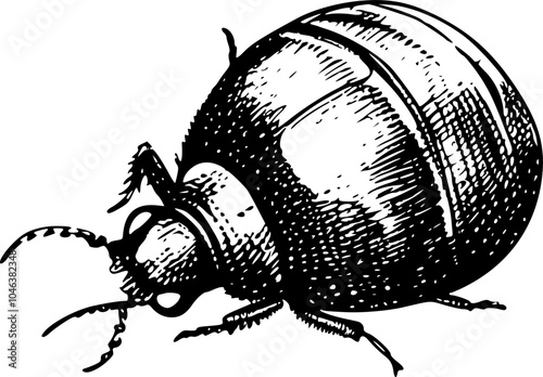Black and white illustration of a beetle with detailed drawing of its body, legs, and antennas.