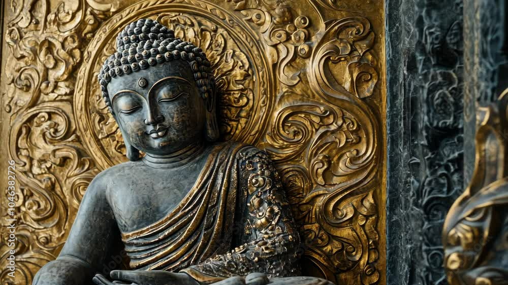A close-up of a serene Buddha statue, carved in detail against a background of intricate gold ornamentation A close-up of a serene Buddha statue, carved in detail against a background of intricate gold ornamentation
