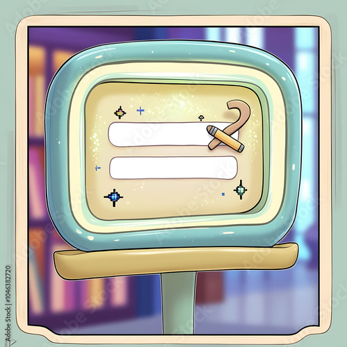 A colorful and lively animation still frame featuring a whimsical search window with a rounded rectangular shape, adorned with soft, pastel-blue borders and a subtle sparkle effect. photo