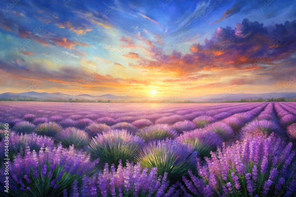 serene lavender field captured in oil paint texture serene lavender field captured in oil paint texture