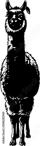 Black and white silhouette of an animal's face, possibly a donkey or a llama, looking to the side with one ear perked up.