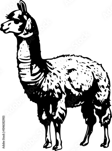 A black and white silhouette of a llama with its head turned to the left and its fur detailed.