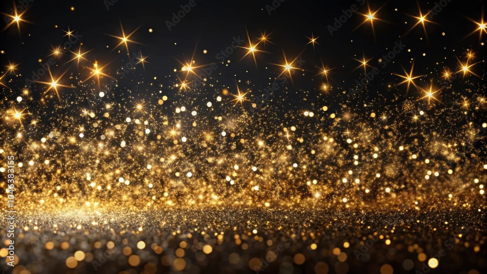 Naklejka premium Black festive background with abstract scattering of gold sparkles, holiday backdrop, festive, black, abstract