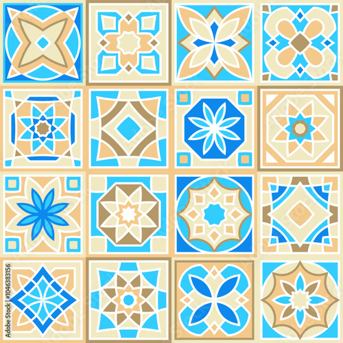Set of vector hand drawn pattern of square ceramic tile. Ornate patchwork pattern design. Typical Mediterranean floor and wall tiles in different patterns in blue, brown yellow and white color