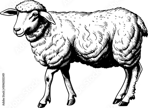 Black and white illustration of a sheep standing in profile with a detailed depiction of its wool.