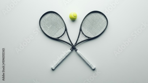 A clean, minimalist view of two crossed tennis racquets and a tennis ball centered on a white background, symbolizing competition.