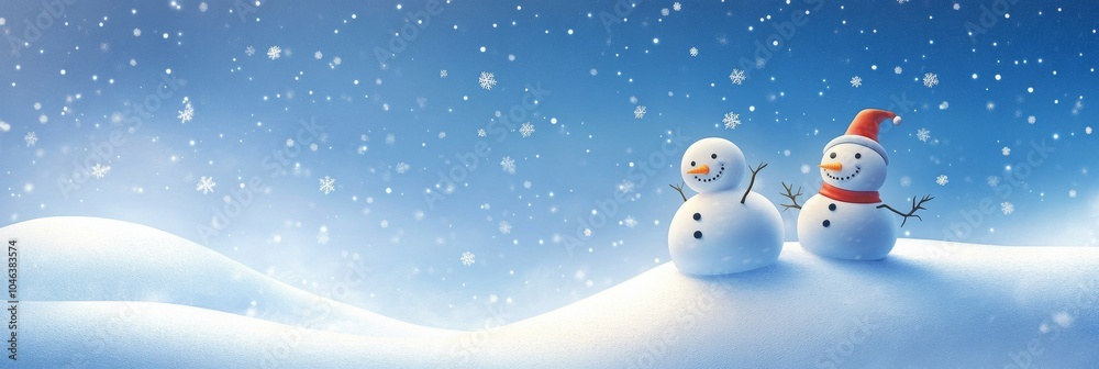 Fun cartoon banner in winter-theme with snow landscape with snowmen and snowdrifts Fun cartoon banner in winter-theme with snow landscape with snowmen and snowdrifts