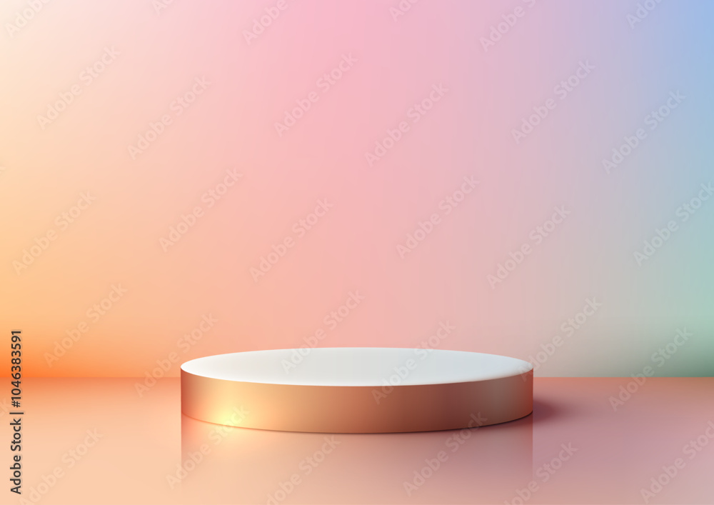 3D White Cylindrical Podium with Golden Base and Colorful Gradient Background for Cosmetic Product Displays and Showcases 3D White Cylindrical Podium with Golden Base and Colorful Gradient Background for Cosmetic Product Displays and Showcases