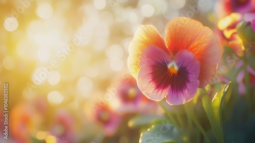A close-up of a pansy flower in soft focus, with sunlight filtering through and bokeh glitter enhancing its delicate petals and vibrant colors.