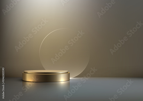 3D Golden Cylindrical Podium with Spotlight and Transparent Glass Circle on Beige Background for Luxury Product Displays and Award Ceremonies