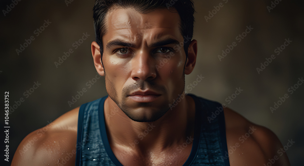 Close-up portrait of a serious athlete with sweat on their face, with large copy space on a textured background. Close-up portrait of a serious athlete with sweat on their face, with large copy space on a textured background.
