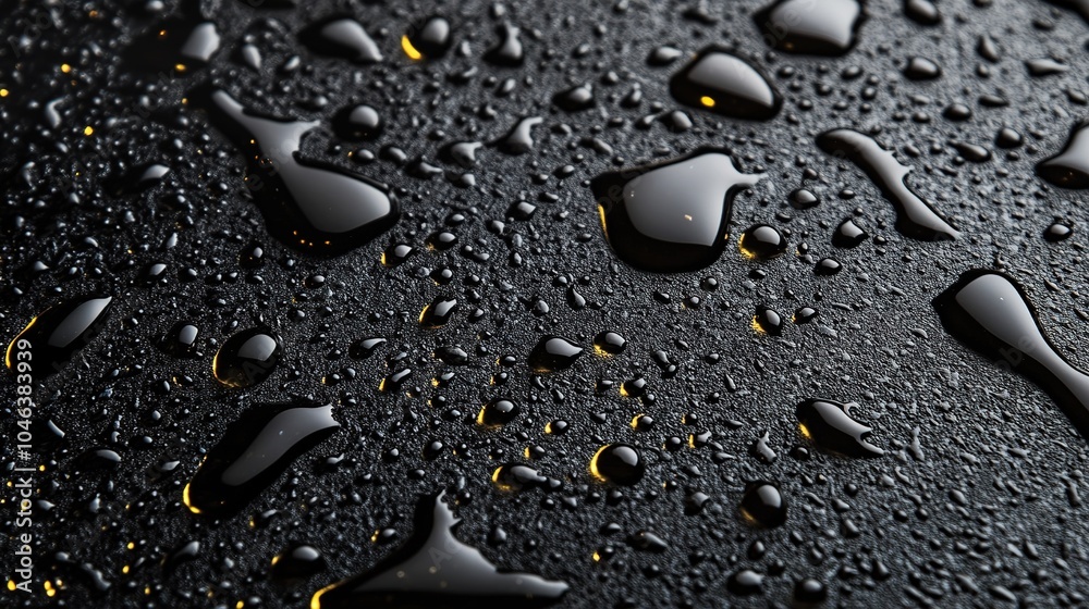 Close-up of water droplets on a smooth black surface creating a mesmerizing pattern in natural light Close-up of water droplets on a smooth black surface creating a mesmerizing pattern in natural light