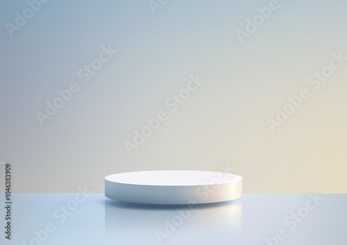 A simple minimalist scene 3D white circular podium on a reflective surface with a soft gradient background, product displays, mockups, and showroom showcases