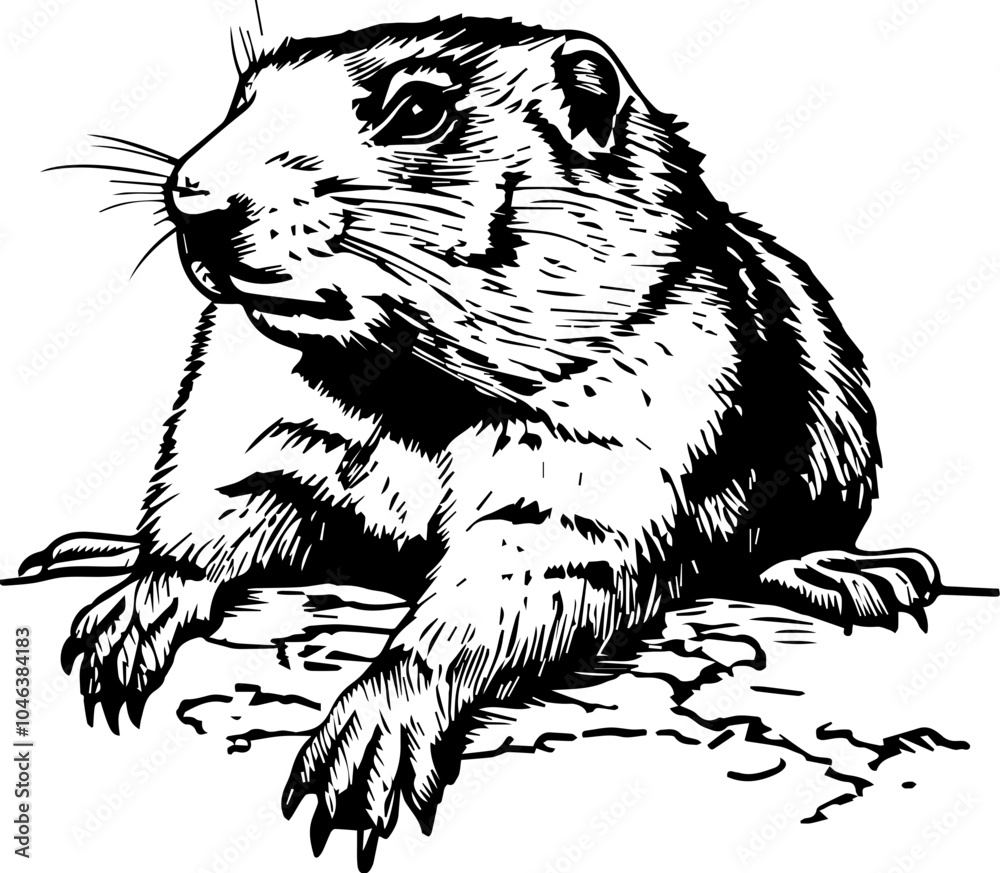 Fototapeta premium A black and white illustration of a sitting prairie dog.