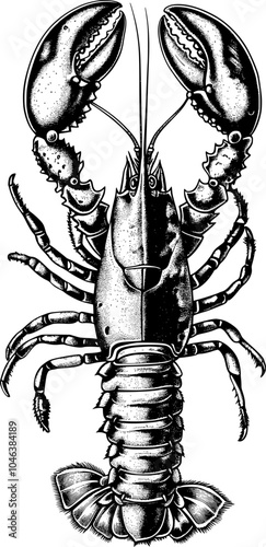 Two black and white lobster claws are facing each other in a symmetrical design with stippling.