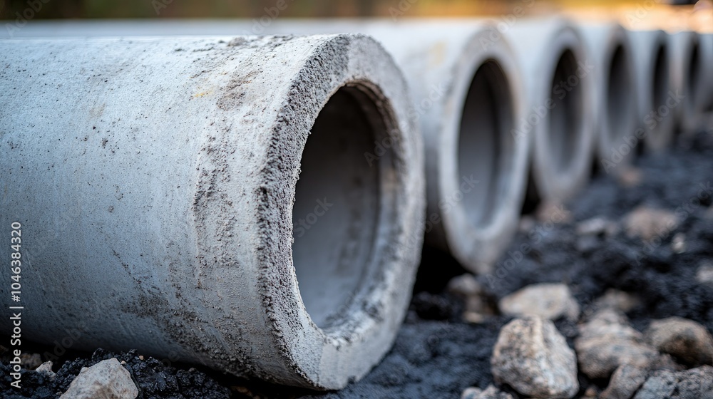 A close-up shot of concrete drainage pipes being laid down, emphasizing the intricacies of urban water and sewage systems. A close-up shot of concrete drainage pipes being laid down, emphasizing the intricacies of urban water and sewage systems.