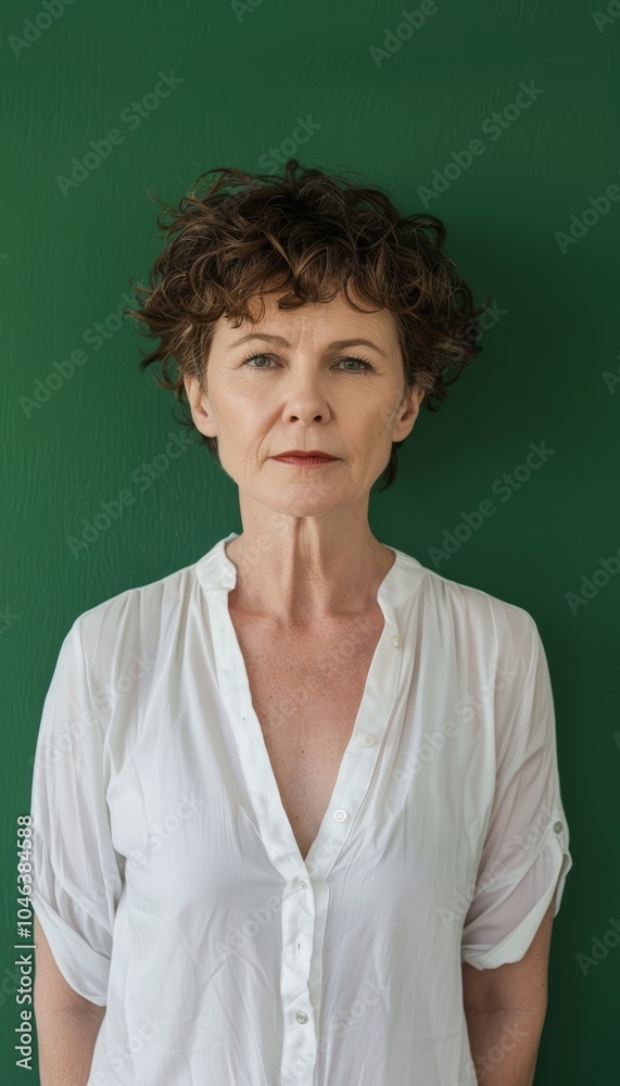 Confident Middle-Aged Woman in White Blouse Against Bold Green Background for Professional Design Confident Middle-Aged Woman in White Blouse Against Bold Green Background for Professional Design