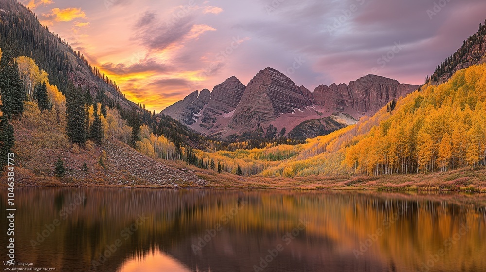 Fototapeta premium A breathtaking mountain view at sunrise, with vibrant colors illuminating the peaks and a serene lake reflecting the scene.