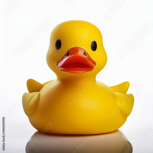 A brightly colored, rubber duck in neon yellow, centered on a pure white background with subtle reflections and clean lines photo