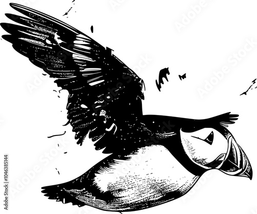 A black and white illustration of a puffin with its wings spread wide in flight.